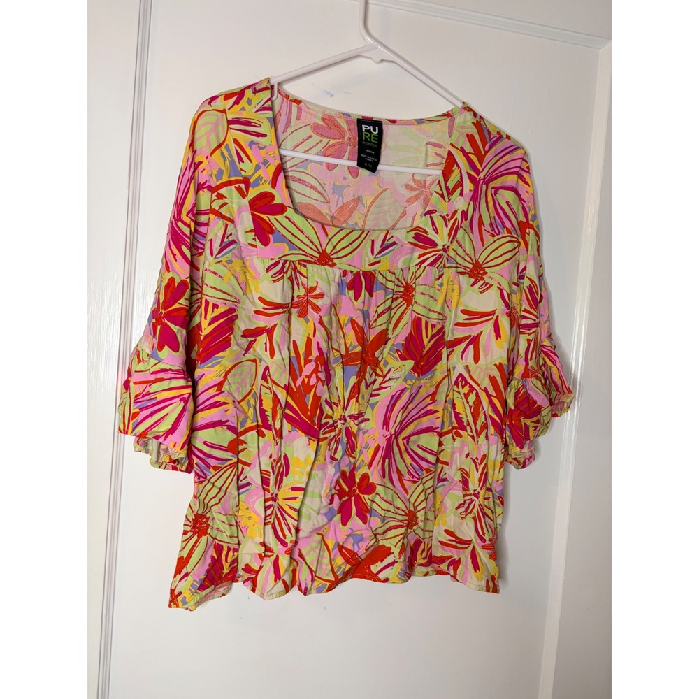 Pure‎ Essence Women XL TG Tropical Floral Print Square Neck Blouse Top